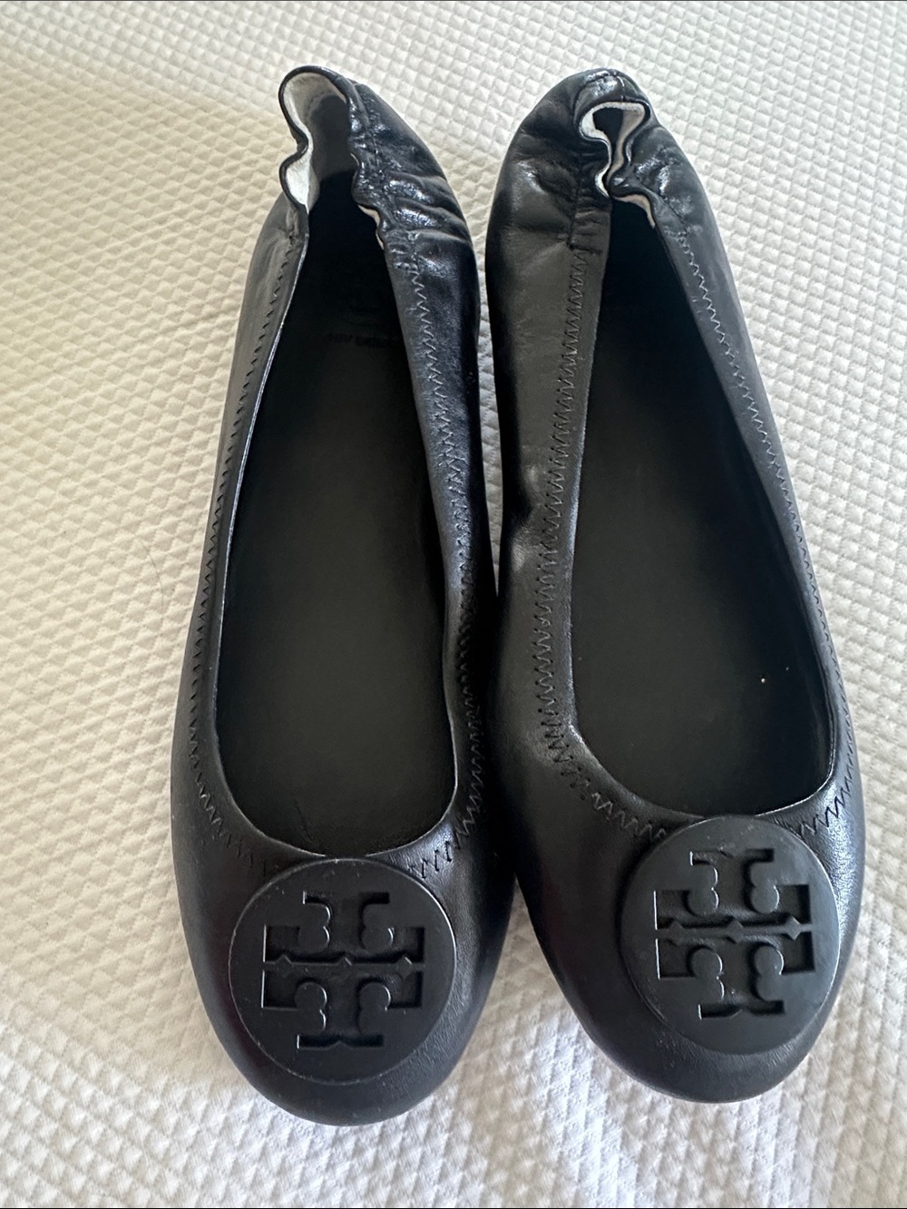 Tory Burch Black Leather Logo Round-Toe Ballet Flats